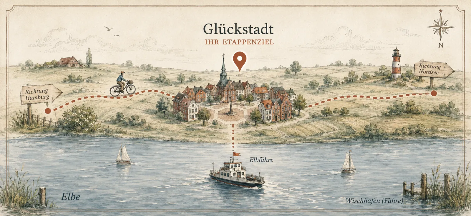 Glückstadt als Etappenziel am Mönchsweg und Elberadweg, mit Elbfähre nach Wischhafen